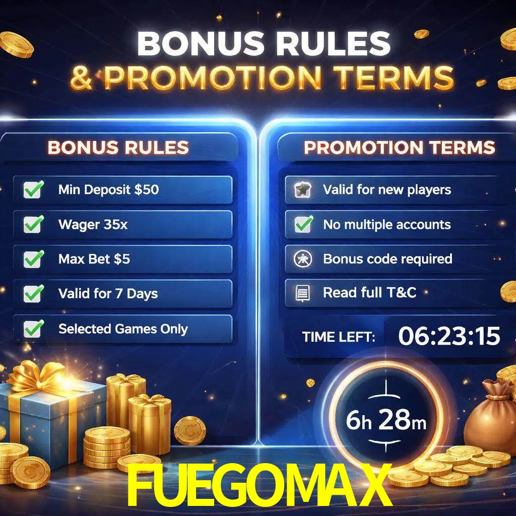 Reglas de promoción FUEGOMAX y condiciones de bonos explicadas visualmente