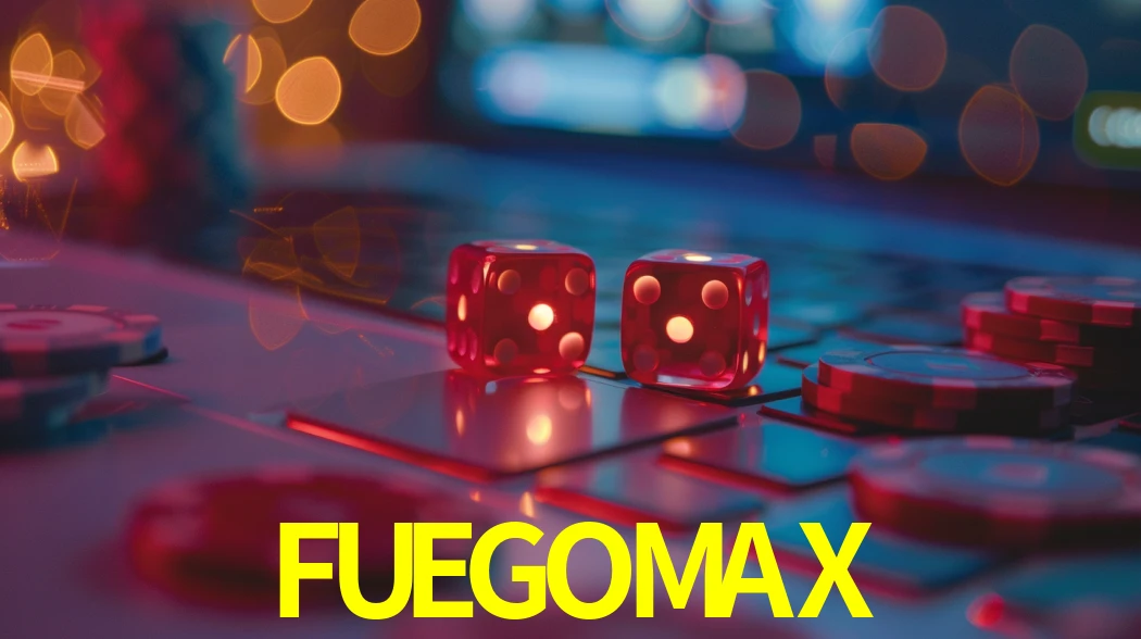 Una escena digital vívida inspirada en casino con FUEGOMAX mostrado prominentemente, luces brillantes, fichas, cartas y acentos dorados.