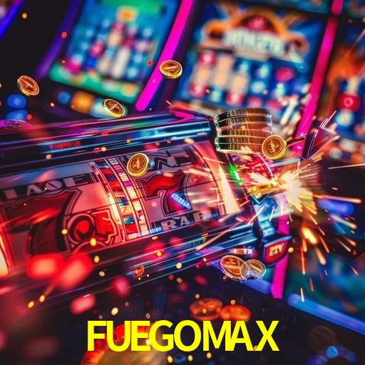 Escena dinámica inspirada en casino con iluminación FUEGOMAX, cartas, fichas e íconos de juegos digitales en un espacio moderno de juegos.