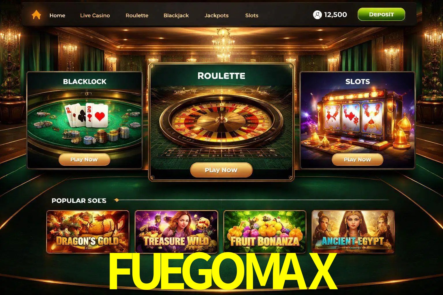 Vista de la plataforma FUEGOMAX Casino mostrando categorías organizadas de juegos en línea