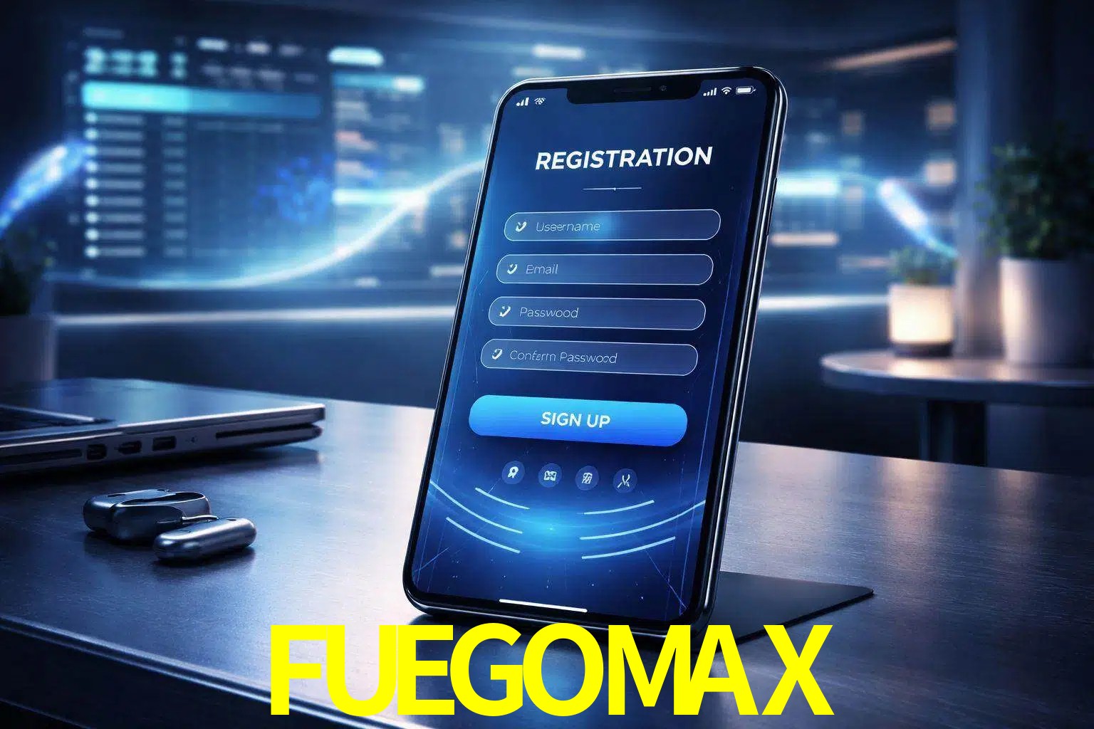 Una interfaz moderna de registro móvil para FUEGOMAX mostrada en un smartphone con un panel de apuestas elegante.